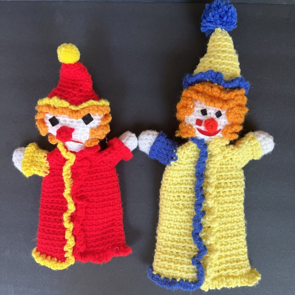 VTG Handmade Crochet Reversible Clown Hand Puppets x2 Happy & Sad 14" & 11"